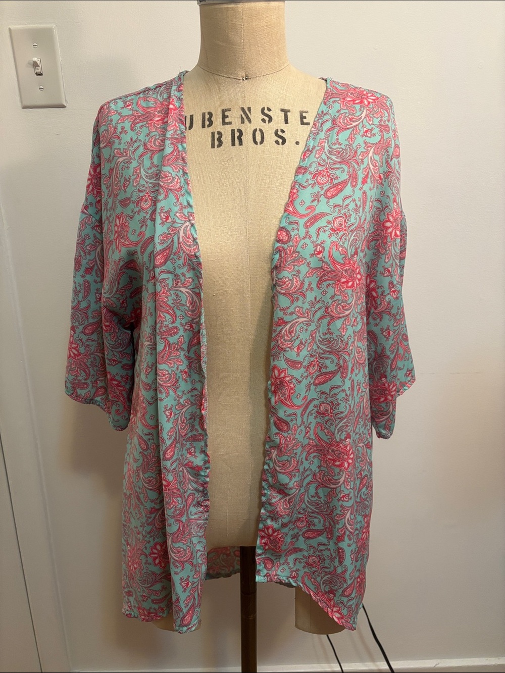 Vintage Light Blue & Pink Paisley Swim Cover-Up Kimono